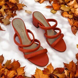 New Schutz Olly Orange Leather Slip On Strap Heel Open Toe Sandal Size 7.5B